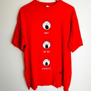 VINTAGE 90s SCARED GUY STANLEY DESANTIS K.FREEDMAN T SHIRT XXL.  "WHAT ARE YOU L